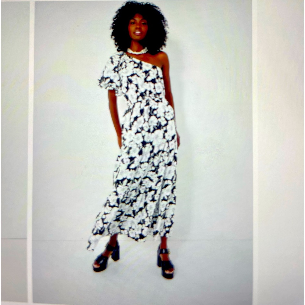 Black & while floral one shoulder midi dress from Hycinth House